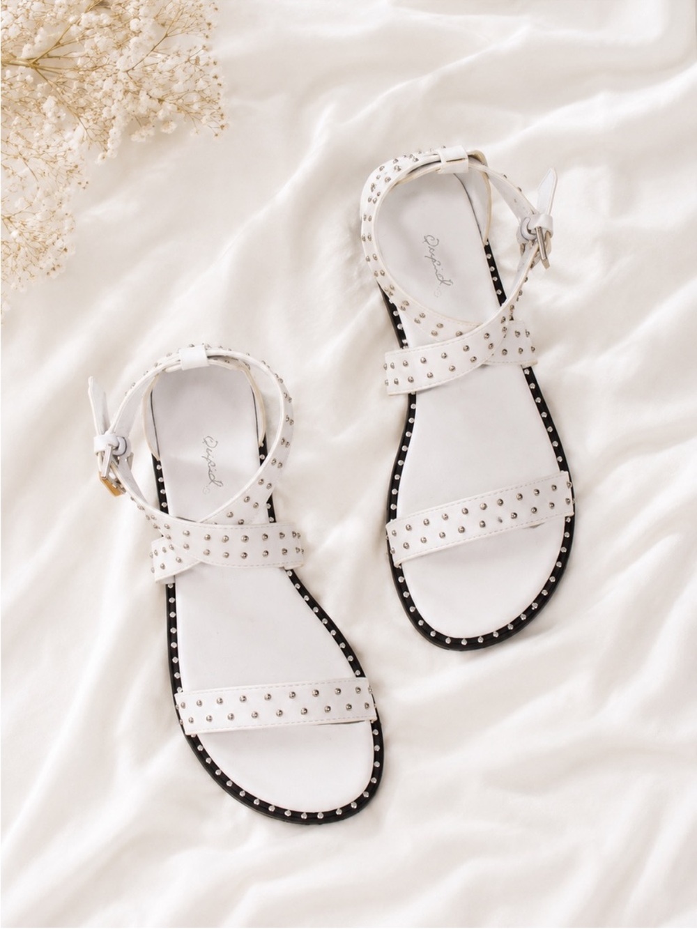 White sandals studded strappy buckle flat